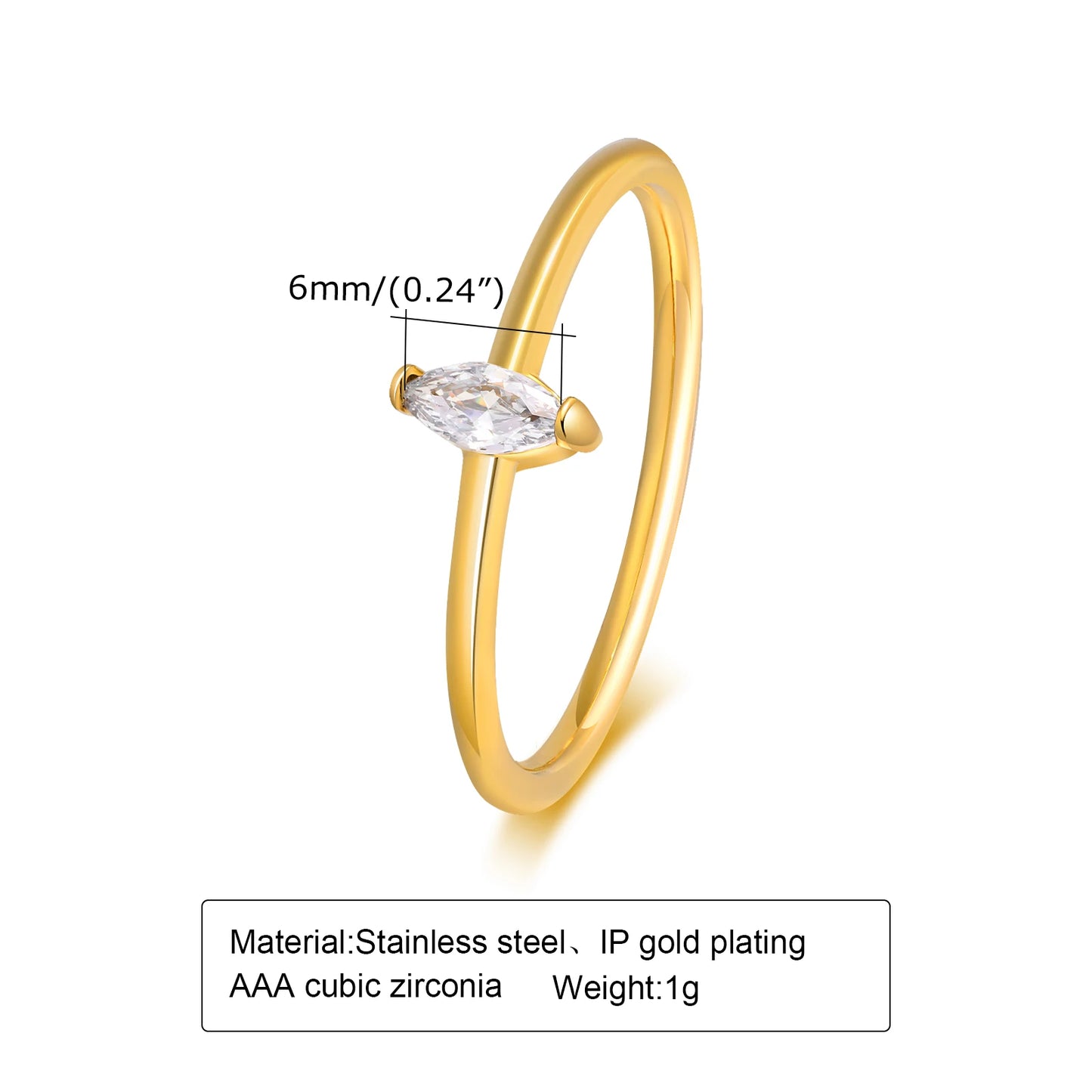 Minimalist Water Drop White Zircon Women Ring, Wave Drop Stainless Steel Ring, 18K Gold Plated Waterproof Luxury Jewelry