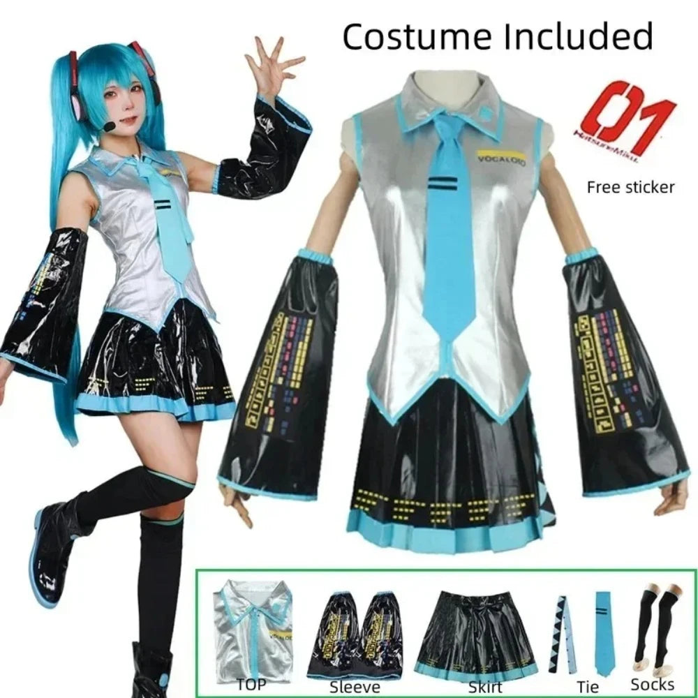 Miku Cosplay Silver Leather Fabric Suit Miku Cosplay Costume JK Sailor Dress High School Halloween Uniform Wig