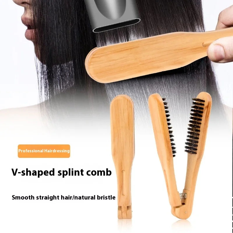 Professional Straight Hair Straightener V-shaped Comb Anti Static Double Brushes Hairdressing Comb Wooden Hair Straightener Tool