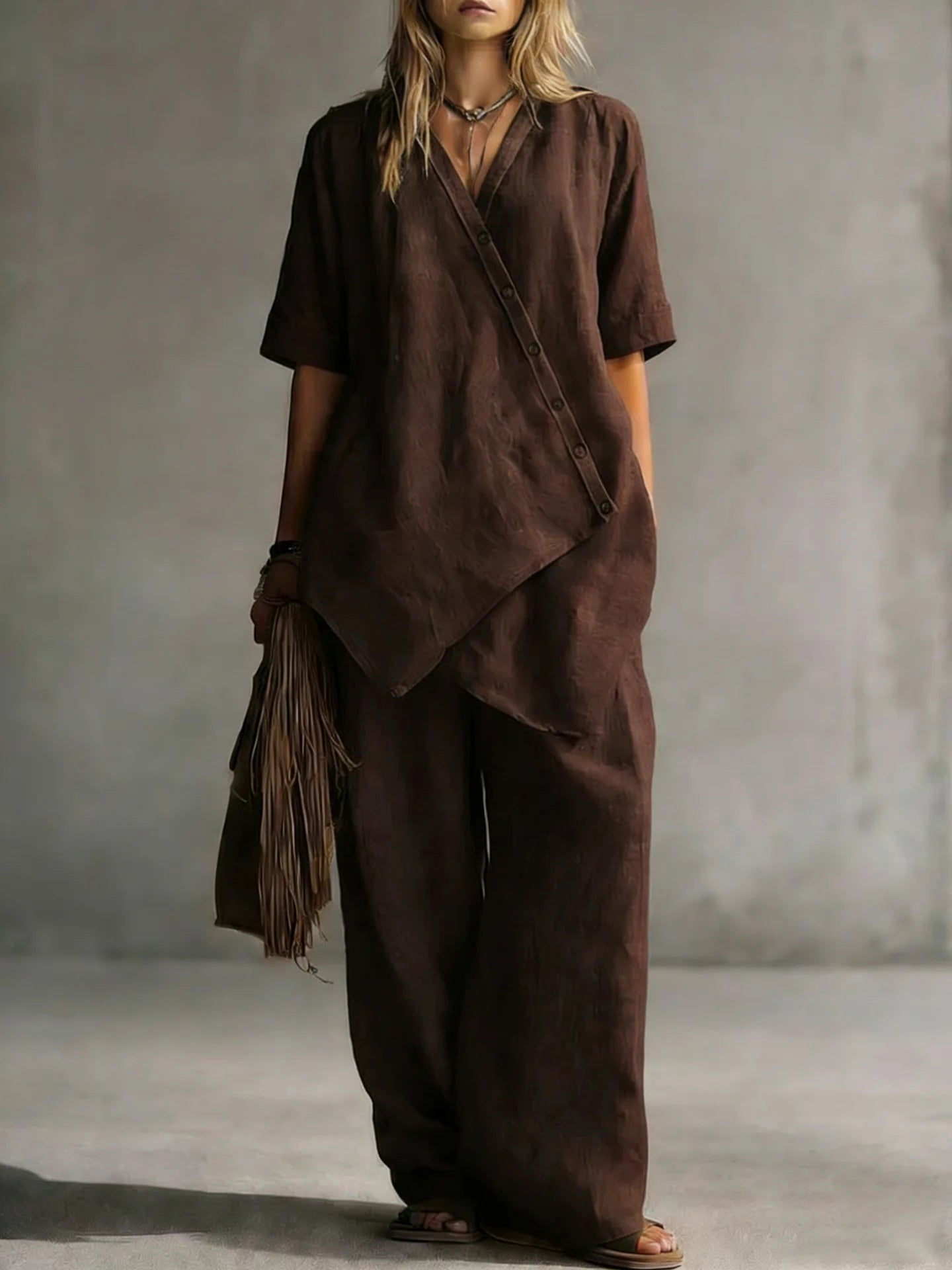 2026 Women's Fashion Casual Solid Color V-Neck Loose Short Sleeve Top and Cardigan with Long Pants Two-Piece Set