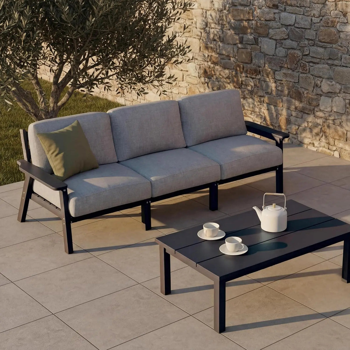 Patio Furniture Set 3 Seats, HDPE Outdoor Sectional with Washable Beige Thick Cushions, Coffee Table & Side Table,, Customized