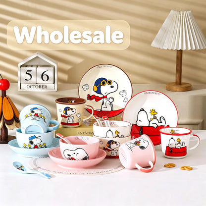 New 4 Pcs Cute Cartoon Snoopy Ceramic Tableware Gift Box Set Cup Spoon Bowl Plate Heatable Beautiful Tableware Kid Birthday Gift