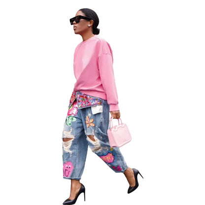 Women Denim Pant Jeans Print Floral Long Pants Hot Drilling High Waist Straight Trousers Y2k Streetwear Elegant Hole Work 2026