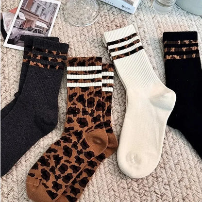 4 Pairs Women Leopard Socks Cotton Sports Y2k Student White Lolita Harajuku Girl Funny Socks