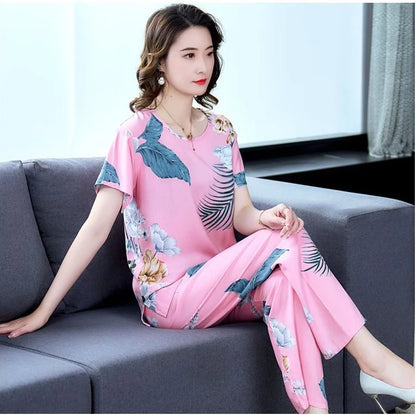 Cotton Silk Suit Summer Women's Sets New Casual Solid Color Short Sleeve Ankle-Length Pants 2 Piece Set Middle Age Mother Outfit