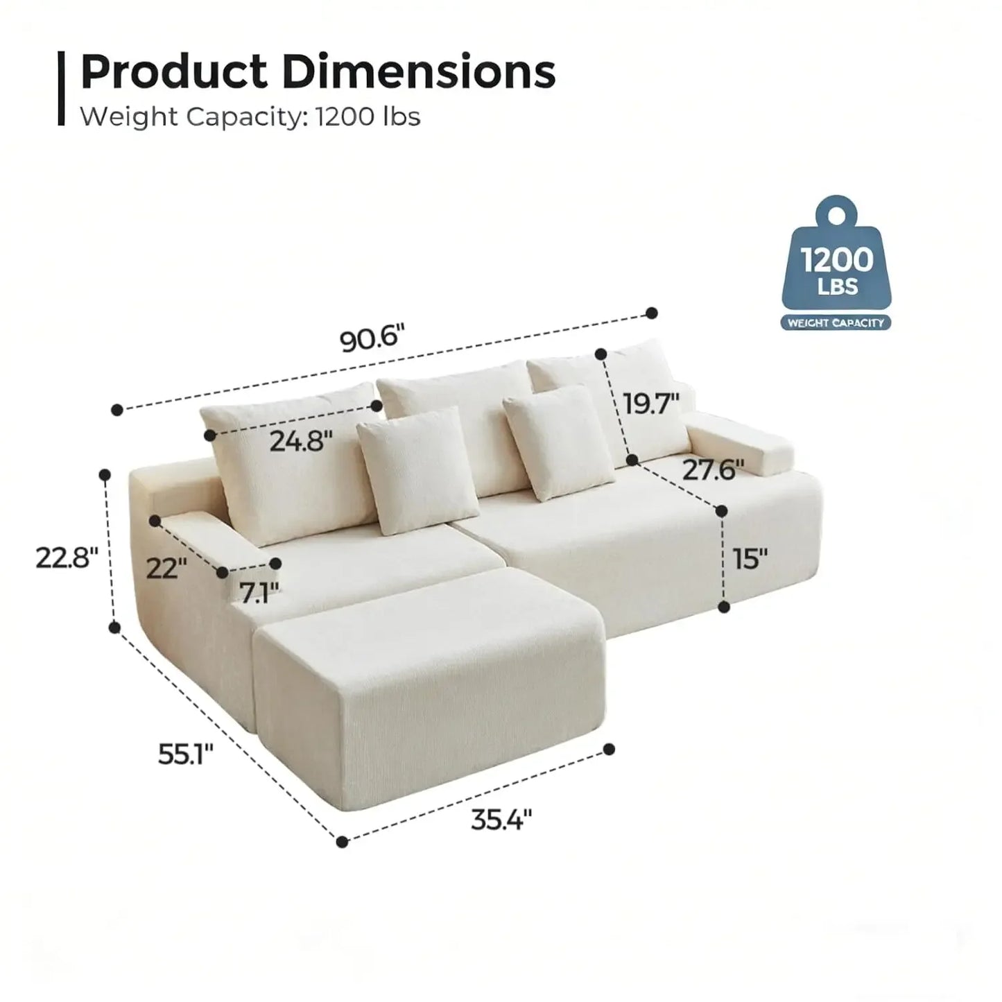 90.6" Sectional Boneless Couches, Modern L-Shape Cloud Couch with Chaise, Memory Foam Modular Sectional Sofas for, Customized