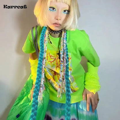 Karrcat Y2k Aesthetics T-shirt 2000s Harajuku E-girls Short Sleeve Tshirt Metal Cyber Chic Tops Punk Style Mall Goth Alt Clothes