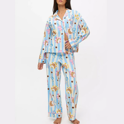 Hirigin Women's 2 Piece Lounge Set Fashion Long Sleeve Pattern Print Shirt Wide Leg Pants Sleepwear Sets for Winter Fall