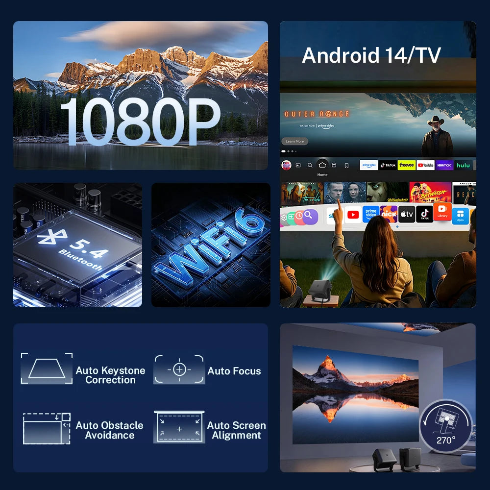 LYNCast  Smart Projector, Native 1080P, 4k Decoding, APP Control, BT5.4, WIFI6, L018, Android14, 270° Rotate Portable, Home Theater, Perfect for TV Series, Movies, Gaming, Anime, Sports, K-Dramas, Concerts, Portable Projecto