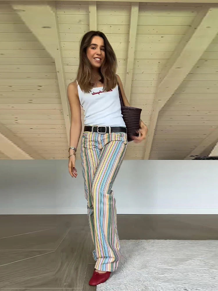 Rainbow Colorful Striped Pants Low-rise Braided Twist Denim Straight Lady Wide Leg Trousers 2026 Spring Summer Chic Casual Jeans