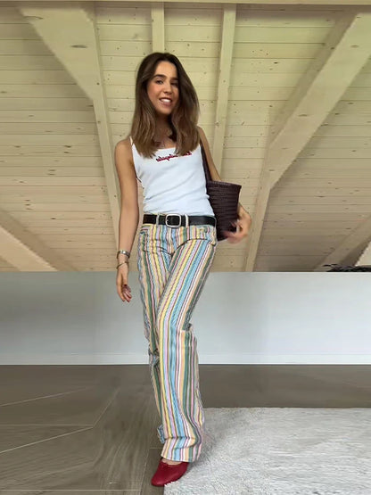 Rainbow Colorful Striped Pants Low-rise Braided Twist Denim Straight Lady Wide Leg Trousers 2026 Spring Summer Chic Casual Jeans