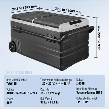SucceBuy 115L Car Refrigerator Car Refrigerator Fridge Dual Zone Freezer with Wheels and Handle -4℉-68℉ 12/24V DC