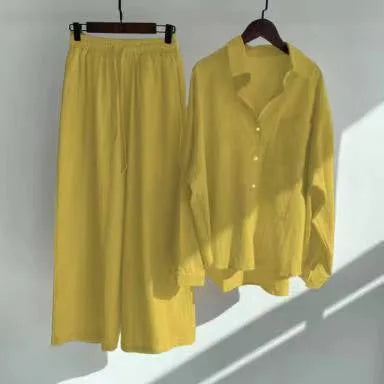 Cotton And Linen Solid Color Pant Sets Women Single-breasted Shirts And Drawstring Loose Wide Legs Trousers Two Piece Set Casual