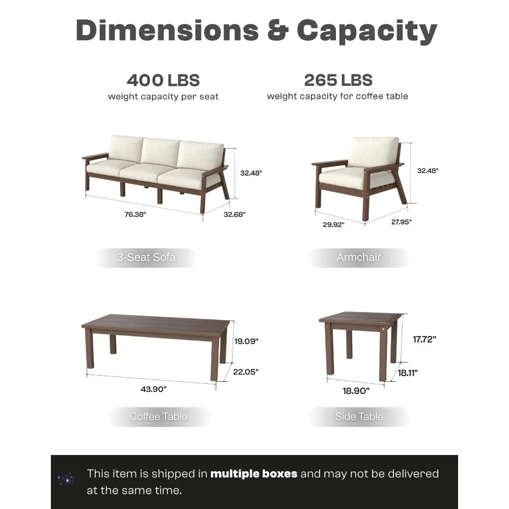 Patio Furniture Set 3 Seats, HDPE Outdoor Sectional with Washable Beige Thick Cushions, Coffee Table & Side Table,, Customized