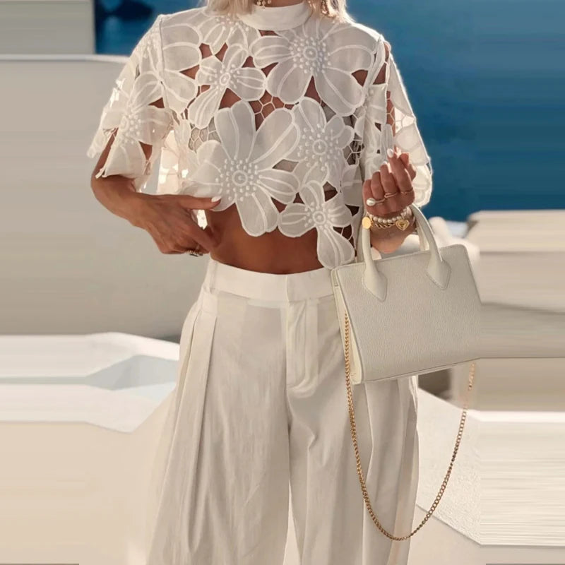 White Lace High Waist Women Outfit Casual Loose Beach 2 Piece Set Summer O Neck Short Sleeve Top and Wide Leg Pants Holiday Suit