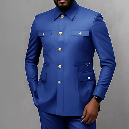Men's 2-Piece Formal Suit, Utility Style, Golden Buttons, Suit + Trousers Combination, Fashionable Business Use