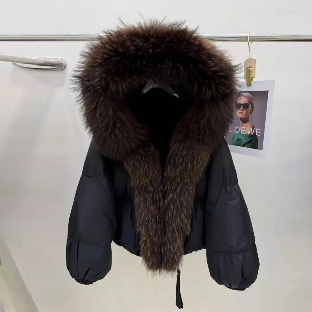 OFTBUY Hooded Loose Puffer Jacket Female New Fashion Luxury Winter Clothes Women Duck Down Coat with Big Natural Fur Collar