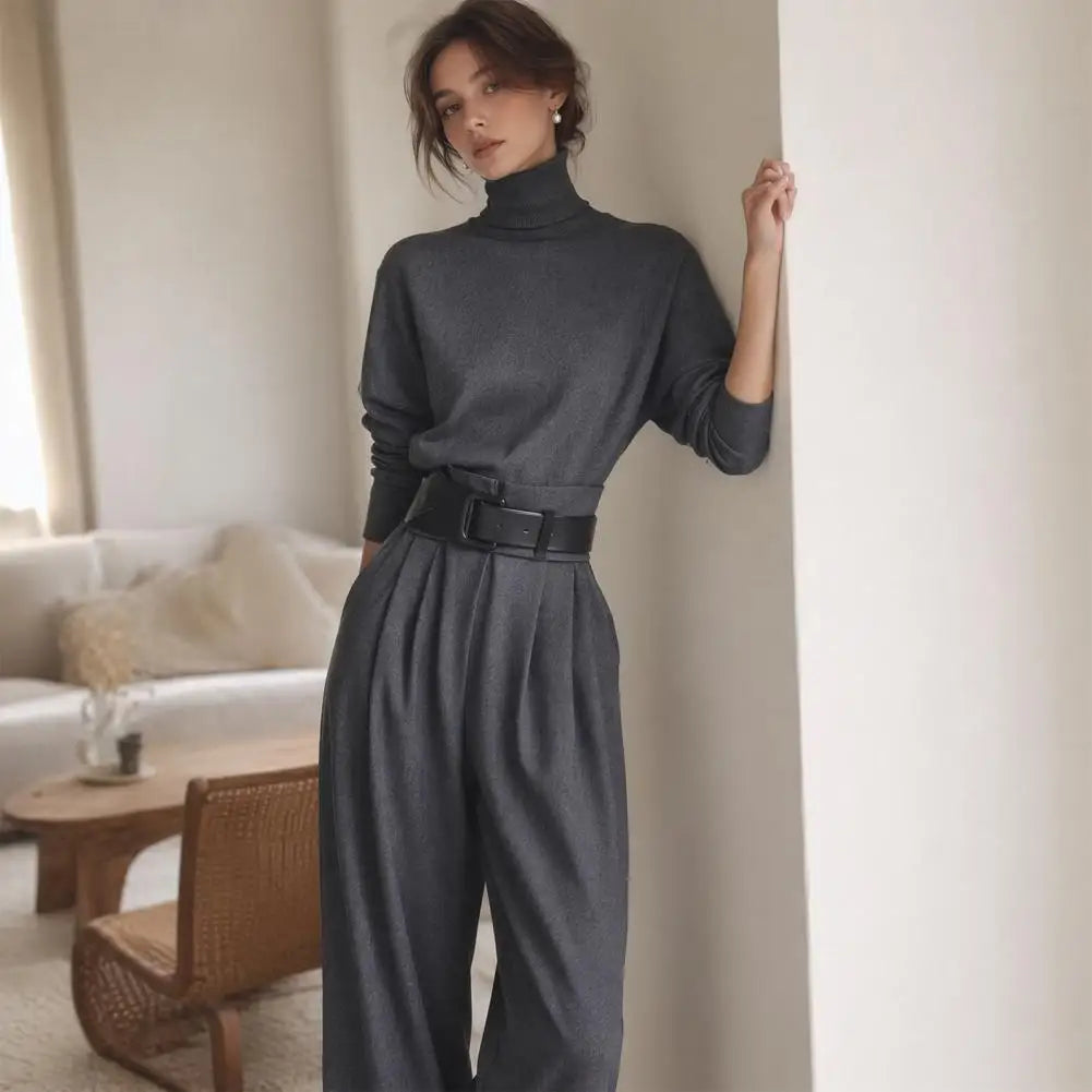 2026 2 Piece Set Women's High-Neck Turtleneck Long Sleeve High-Waist Belted Pants Suit Set Women Casual Matching Set Streetwear