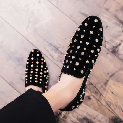 High Quality Casual Men Wedding Flats 2026 New Brand Black Spikes Mens Loafers Luxury Shoes Denim And Metal Sequins