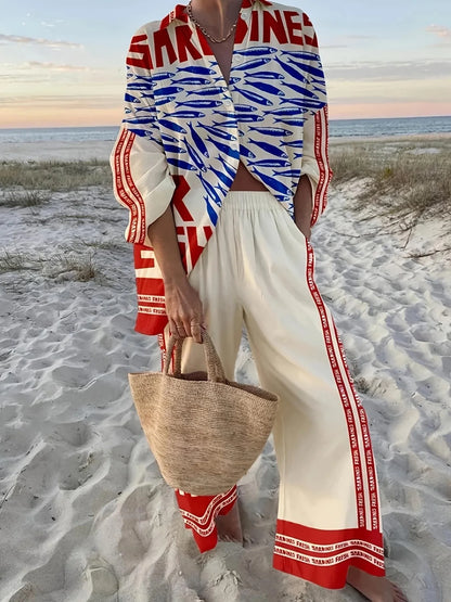 Fashion Print Beach Holiday 2-Piece Set Women Spring Summer Long Sleeve Shirt Top + Wide Legs Women's Oversized Two-Piece Outfit