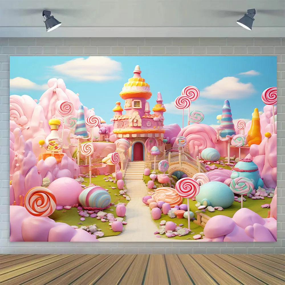 Candyland Backdrop Fantasy Candy Theme Castle Lollipop Party Banner for Girls Birthday Decor Photography Background Photo Booth