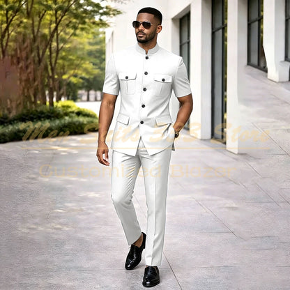 Summer Safari Men's Suits Fashion Regular Fit Short Sleeve Blazer Elegant Luxury Single Breasted 2 Piece Jacket Pants Outfits