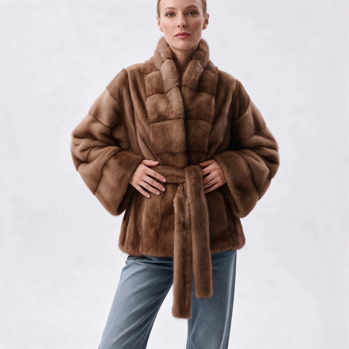 IG 2026 Women Stand Collar Belted Waist Faux Mink Fur Jacket Loose Long Sleeve Luxury Elegant Winter Party Daily Outer Coat