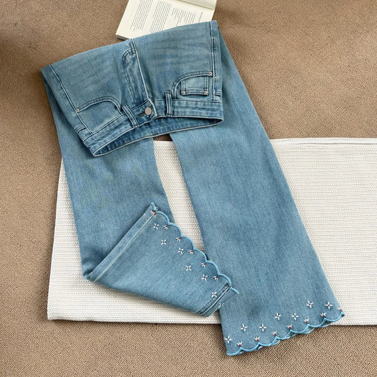 Blue Embroidered Floral Micro Flared Jean Women's Spring Summer High Waist Slim Denim Trousers Versatile Ankle-length Pants