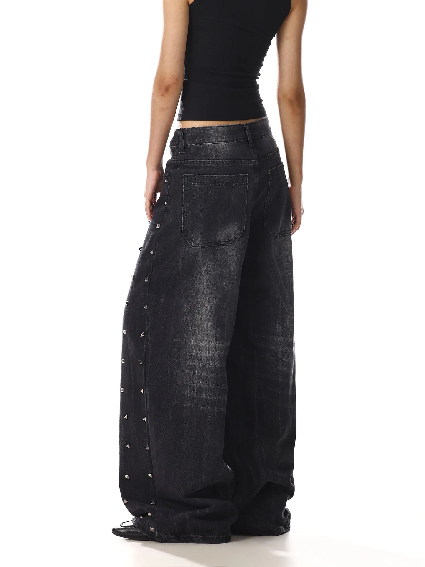 Women Black Rivet Heavy Duty Jeans New American Retro Design Niche Loose Wide Leg Denim Pants Streetwear Baggy Trousers