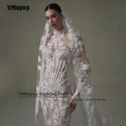 Ivory Lace Mermaid Wedding Dresses for Bride Removable High Neck Long Sleeve Backless Garden Beach Bridal Gown Customized