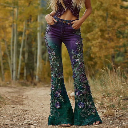 New 3D Digital Print Women's Flare Jeans High Waist Slim Fit Stretchy Denim Bell Bottom Pants Casual Trendy Daily Wear