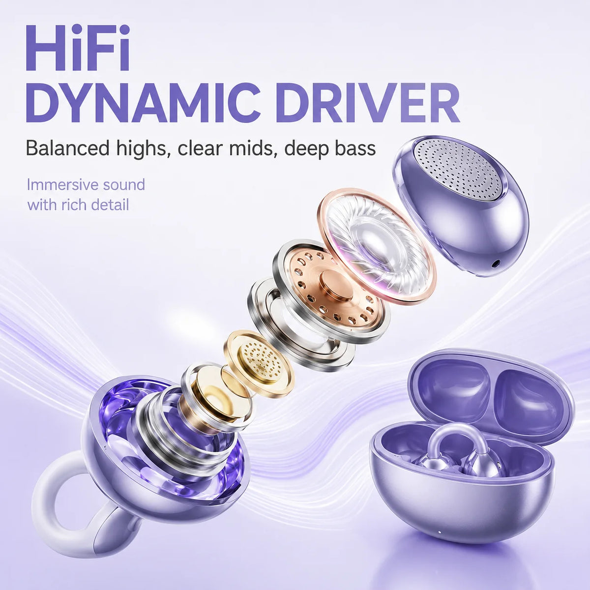 Open Ear Clip Wireless Headphones Bluetooth 5.4 Earphones with Long Battery Life, Sports Gaming Stereo Touch Control LED Mics