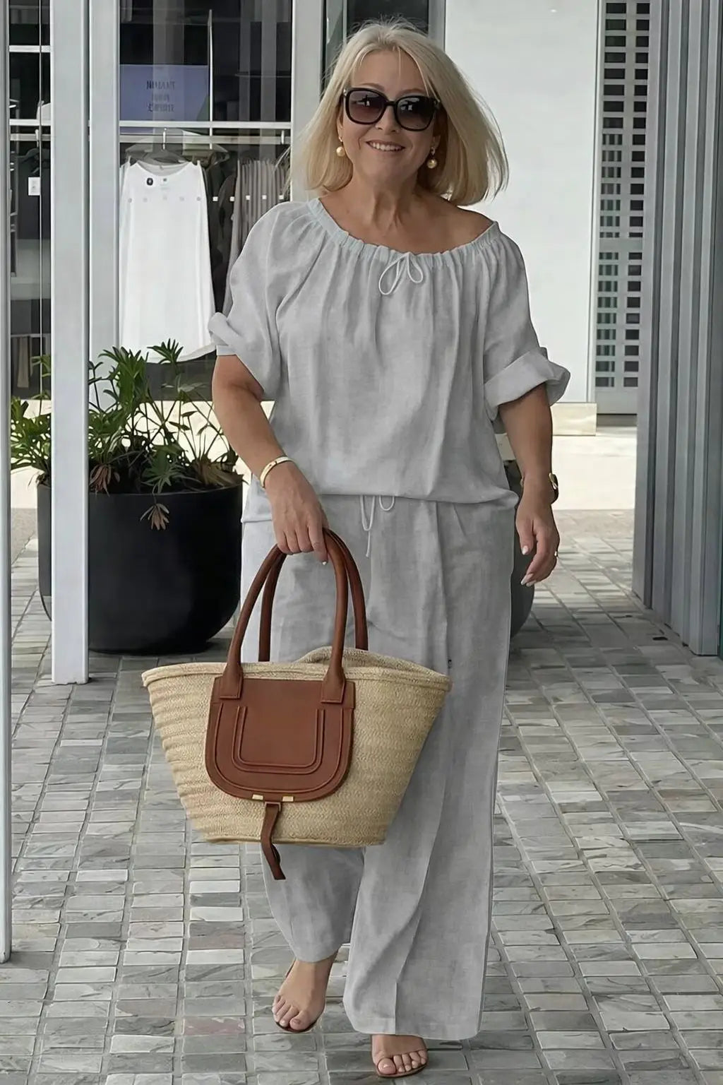 Fashion Casual Woman 2 Piece Set Outfit New Spring And Summer Women's Loose Drawstring Round Neck Top And Pants Two-piece Set