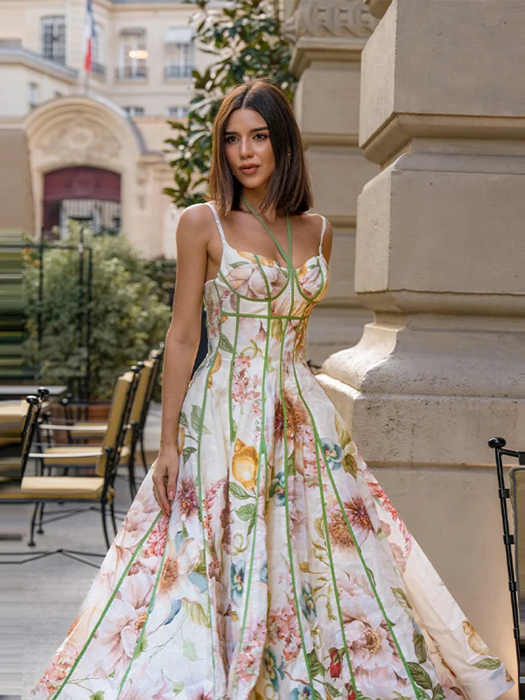 Floral Print Halter Neck Corset Waist Maxi Dress Sleeveless Flared Hem A Line Dresses 2026 Fashion Elegant Vacation Party Gown
