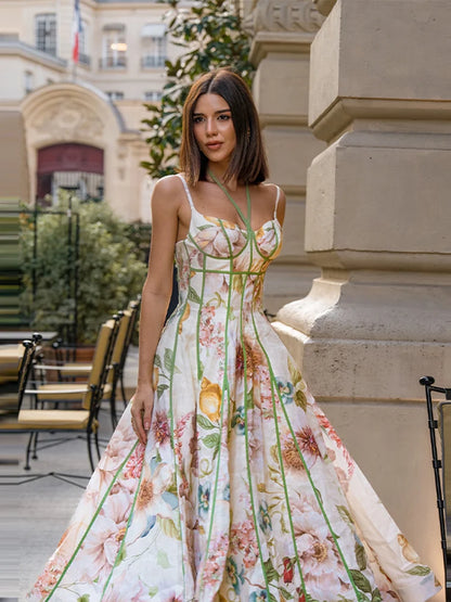 Floral Print Halter Neck Corset Waist Maxi Dress Sleeveless Flared Hem A Line Dresses 2026 Fashion Elegant Vacation Party Gown