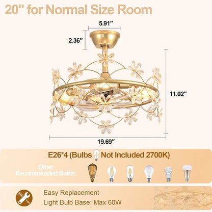 20" Gold Chandelier Ceiling Fan with Lights and Remote Control - Modern Flower Fandelier for Bedroom Living Room Kitchen