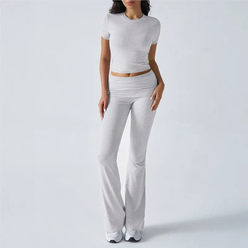 Women's Sexy Tops Suits 2026 Summer Latest Casual Solid Color Yoga Suit Slim Fit Sports Short Sleeved Pants Two-Piece Set Outfit