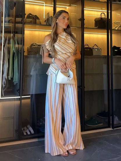 TFMLN Women's Stripe Printed Sets Chic Bow Decoration Sleeveless Irregular Top Wide Leg Pants Female Holiday Sets 2026 Summer