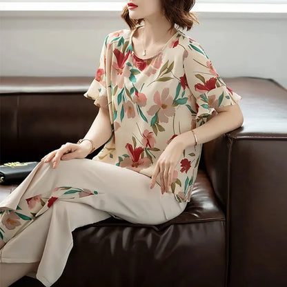 Summer Ladies Fashion Printing Wide Leg Pants 2PCS 2025 Women Short Sleeve Pantalons Outfit Korean Femme Chiffon Two-piece Set