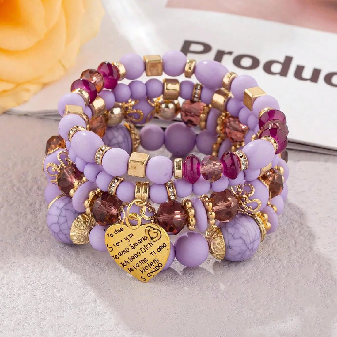 4pcs Boho Crystal Beads Chain Bracelet Set for Women Vintage Heart