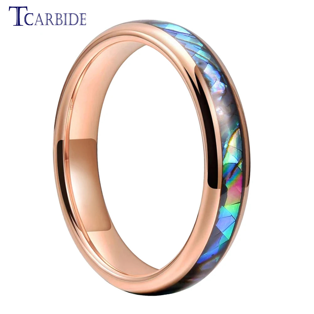 4mm Women Ring Tungsten Wedding Band Abalone Shell Inlay Domed Polished Trendy Jewelry