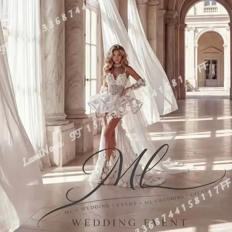for ML Charming 3D Floral Wedding Dress Sweetheart Illusion Detachable Train Mini Ball Gown Bride Dresses Customized Robe De