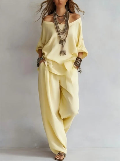 2026Fashion V Neck 7 Button Sleeve Women Top Set 2 Pieces Spring Summer Elegant Loose Fitting Wide Leg Pockets Pants Female Suit