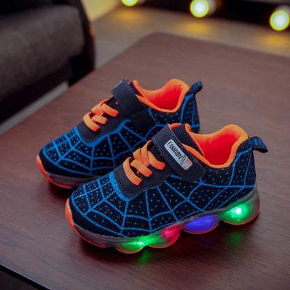 Mgo Kidss New Spring and Autumn Models, Sizes 21-36, Children's Shoes, Kids' Light-Up Shoes, Boys' and Girls' Running Shoes, Baby Flashing Shoes, Led Light-Up Sneakers, Mesh Spider Web Design, Suitable for Children Aged 1-3-6