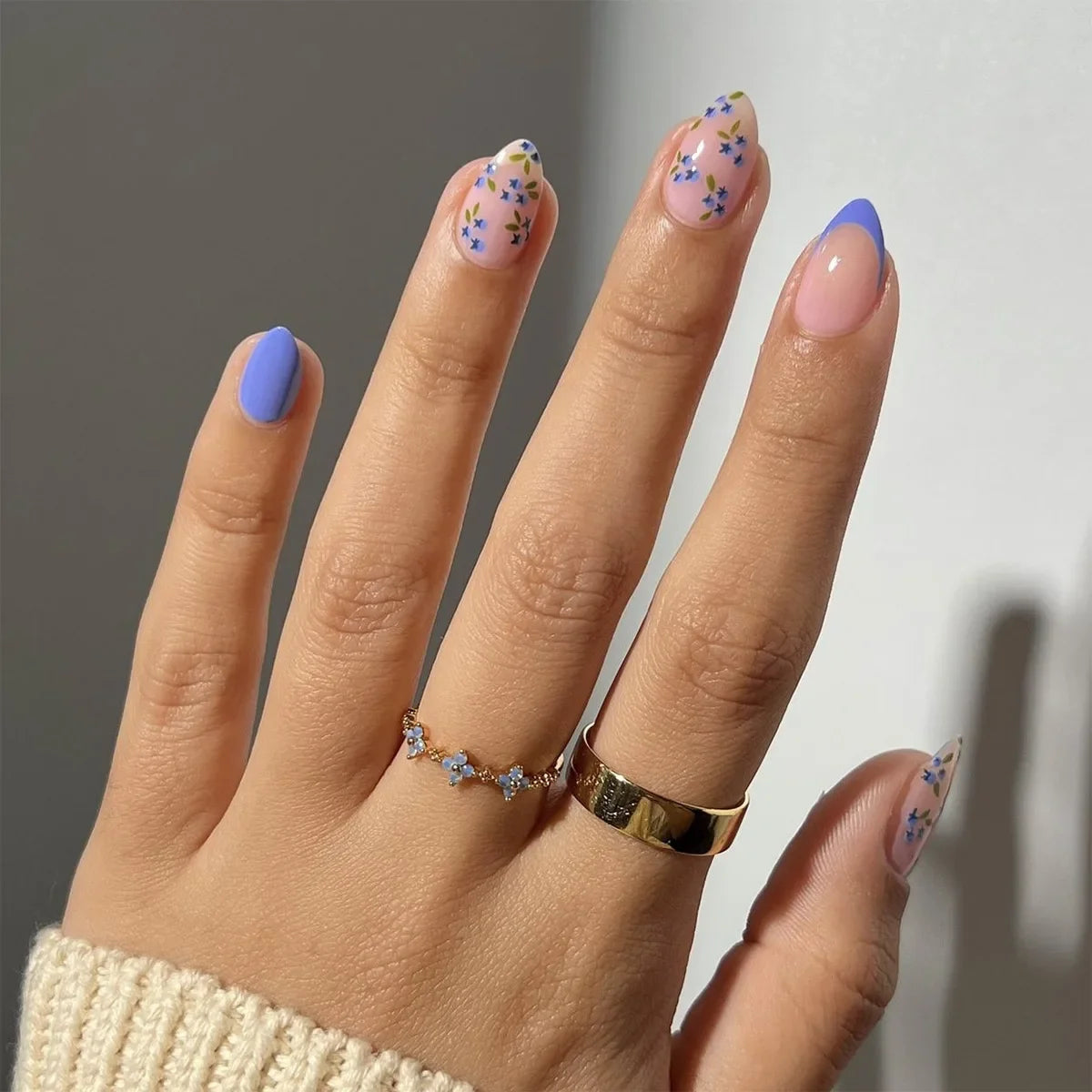 3D Lemon Blue White Striped French Nail Art Summer Chic Short Round False Nails Detachable Finished Fake Nails Press on Nails