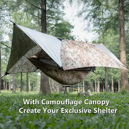 Multi-Function Camping Hammock Kit, Single/Double with MC Camo Rain Fly & Bug Shield, Anti-Roll for Hiking & Backpacking