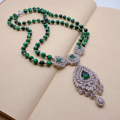 Y·YING 2 Strands Green Tiger Eye Cz Pave Pendant Necklace Gemstone Necklaces Jewelry Women