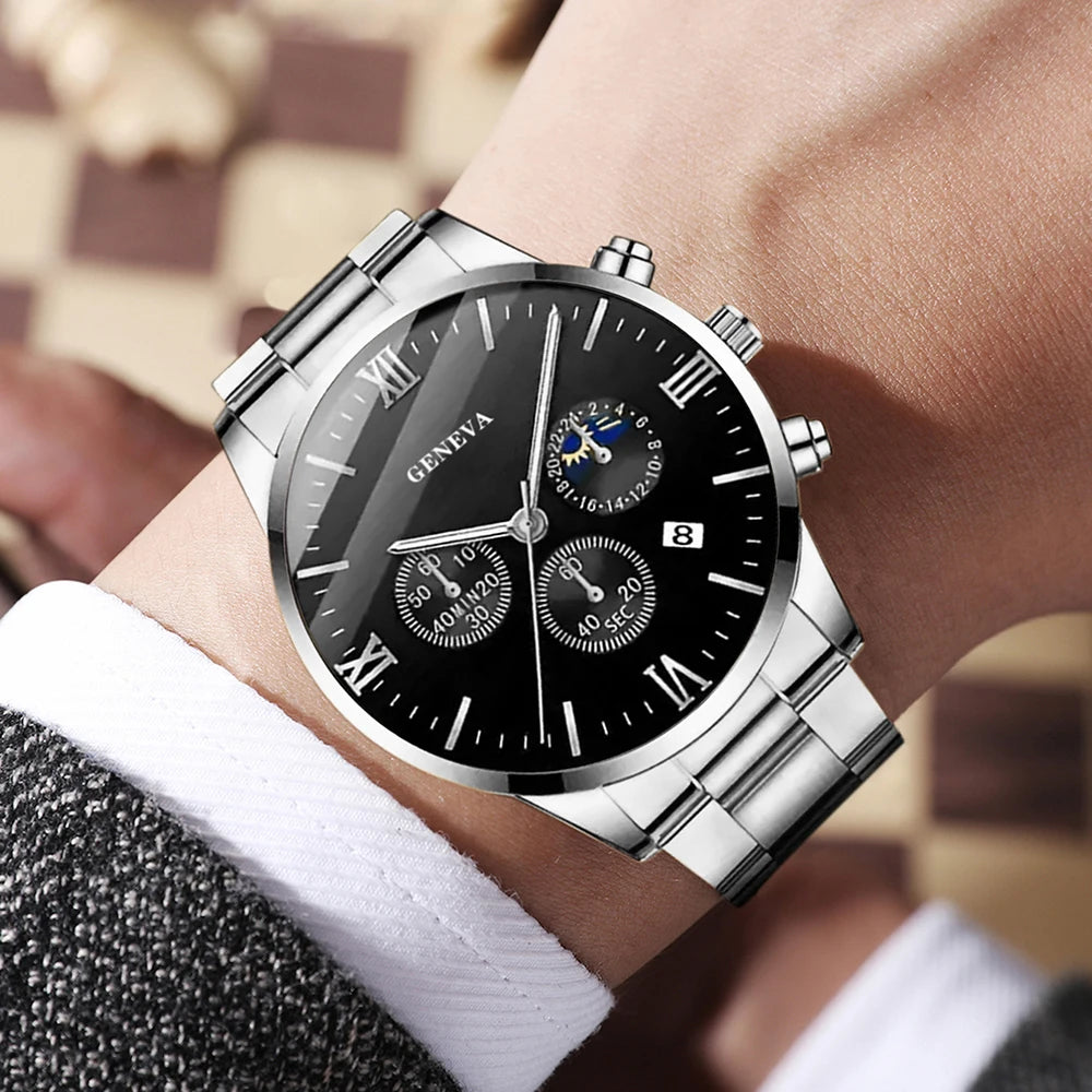 Men's 4-Piece Watch Gift Set | Quartz Watch, Cross Pendant, Ring & Bracelet | Gift for Him