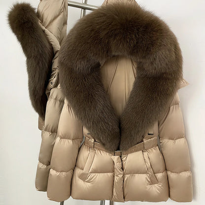 OFTBUY New Fashion Winter Clothes Women Duck Down Coat with Big Natural Fur Collar Belt Hooded Real Fox Fur Puffer Jacket Female