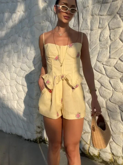 Bandeau Print Spaghetti Strap Shorts Two-piece Set Boned Shaping French Floral Ruffled Waist Corset Set 2026 Summer New Outfit